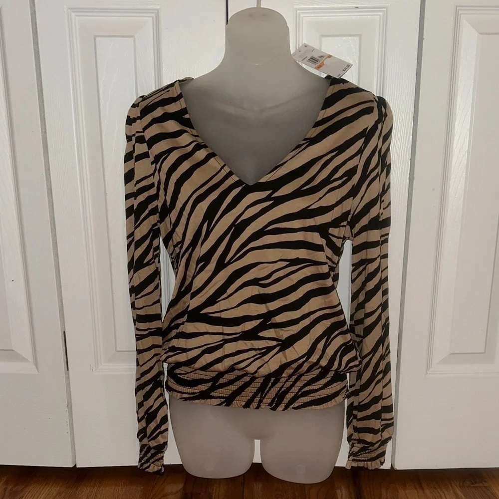 Michael Kors MK Women's Animal-Print Zebra Smocked Top Blouse Shirt Small S NWT